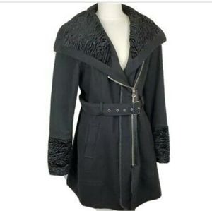 Guess Black Wool Asymmetrica Zipper Belted Coat M